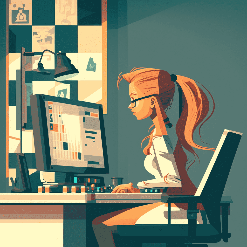 A young woman working in a cubicle office, in front of a desktop computer playing chess. Cartoon. Modern.